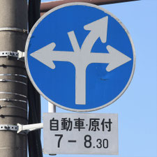 異形矢印標識(指定方向外進行禁止)。熊本県熊本市にある。