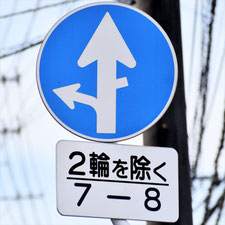 異形矢印標識(指定方向外進行禁止)。岡山県岡山市にある。
