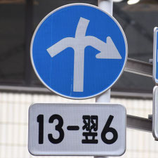 異形矢印標識(指定方向外進行禁止)。神奈川県横浜市にある。