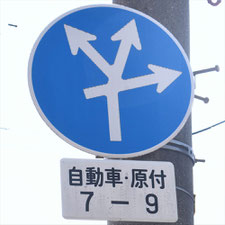 異形矢印標識(指定方向外進行禁止)。広島県呉市にある。