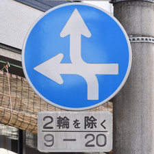 異形矢印標識(指定方向外進行禁止)。岡山県総社市にある。