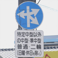 異形矢印標識(指定方向外進行禁止)。熊本県熊本市にある。