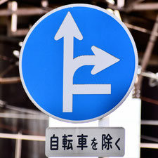 異形矢印標識(指定方向外進行禁止)。広島県福山市にある。