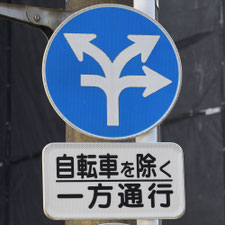 異形矢印標識(指定方向外進行禁止)。東京都中央区にある。