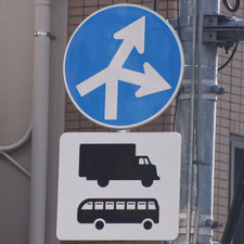異形矢印標識(指定方向外進行禁止)。東京都足立区にある。