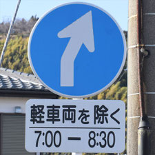 異形矢印標識(指定方向外進行禁止)。静岡県島田市にある。