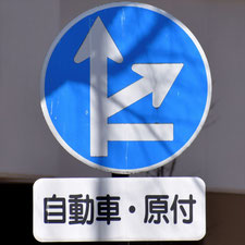 異形矢印標識(指定方向外進行禁止)。長野県諏訪市にある。