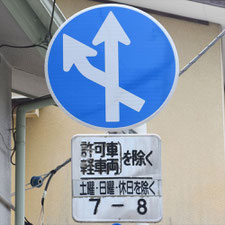 異形矢印標識(指定方向外進行禁止)。静岡県三島市にある。
