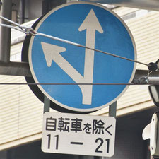 異形矢印標識(指定方向外進行禁止)。広島県広島市にある。