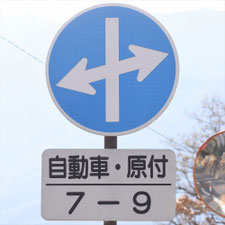 異形矢印標識(指定方向外進行禁止)。長野県伊那市にある。