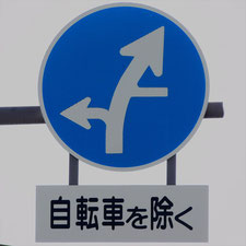 異形矢印標識(指定方向外進行禁止)。岡山県岡山市北区にある。