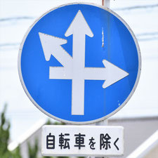 異形矢印標識(指定方向外進行禁止)。広島県福山市にある。