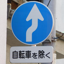 異形矢印標識(指定方向外進行禁止)。岡山県岡山市北区にある。