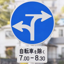 異形矢印標識(指定方向外進行禁止)。広島県広島市にある。