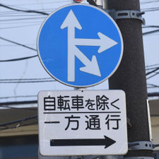 異形矢印標識(指定方向外進行禁止)。東京都目黒区にある。