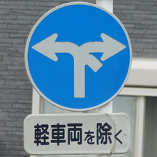 異形矢印標識(指定方向外進行禁止)。静岡県三島市にある。