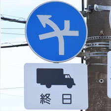異形矢印標識(指定方向外進行禁止)。静岡県富士市にある。