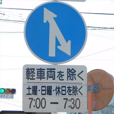 異形矢印標識(指定方向外進行禁止)。静岡県富士宮市にある。