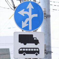 異形矢印標識(指定方向外進行禁止)。群馬県桐生市にある。