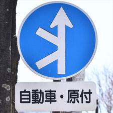 異形矢印標識(指定方向外進行禁止)。長野県諏訪市にある。