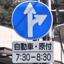 異形矢印標識(指定方向外進行禁止)。長野県諏訪市にある。