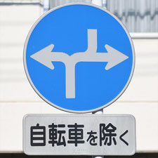 異形矢印標識(指定方向外進行禁止)。群馬県桐生市にある。