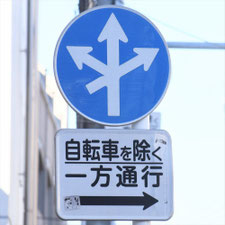 異形矢印標識(指定方向外進行禁止)。東京都目黒区にある。