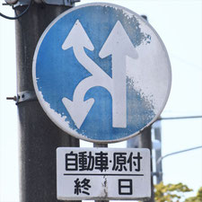 異形矢印標識(指定方向外進行禁止)。新潟県三条市にある。