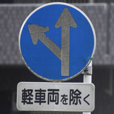 異形矢印標識(指定方向外進行禁止)。静岡県掛川市にある。