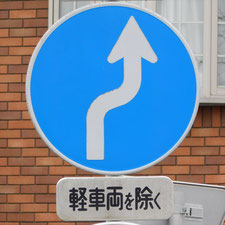 異形矢印標識(指定方向外進行禁止)。静岡県富士宮市にある。