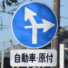 異形矢印標識(指定方向外進行禁止)。新潟県加茂市にある。