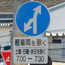 異形矢印標識(指定方向外進行禁止)。静岡県三島市にある。