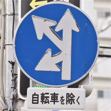 異形矢印標識(指定方向外進行禁止)。広島県広島市にある。