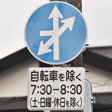 異形矢印標識(指定方向外進行禁止)。広島県広島市にある。