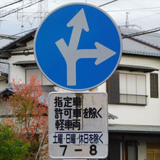 異形矢印標識(指定方向外進行禁止)。静岡県静岡市葵区にある。