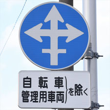 異形矢印標識(指定方向外進行禁止)。群馬県桐生市にある。