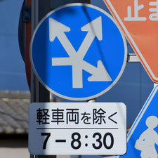 異形矢印標識(指定方向外進行禁止)。静岡県焼津市にある。
