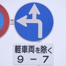 異形矢印標識(指定方向外進行禁止)。静岡県静岡市葵区にある。