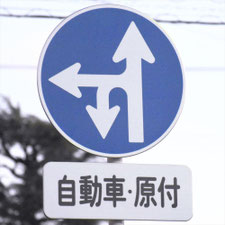 異形矢印標識(指定方向外進行禁止)。新潟県燕市にある。