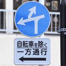 異形矢印標識(指定方向外進行禁止)。東京都東久留米市にある。