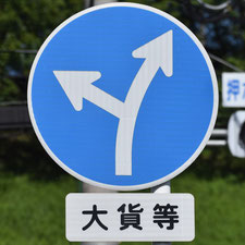 異形矢印標識(指定方向外進行禁止)。広島県福山市にある。