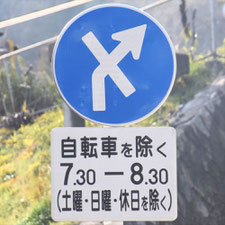 異形矢印標識(指定方向外進行禁止)。広島県呉市にある。