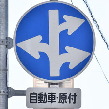 異形矢印標識(指定方向外進行禁止)。長野県岡谷市にある。