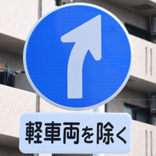 異形矢印標識(指定方向外進行禁止)。静岡県富士市にある。