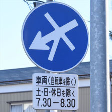 異形矢印標識(指定方向外進行禁止)。新潟県新潟市にある。異形矢印標識(指定方向外進行禁止)。新潟県新潟市にある。