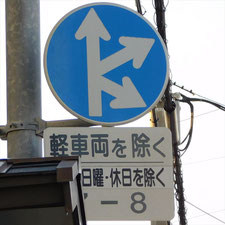 異形矢印標識(指定方向外進行禁止)。静岡県浜松市にある。