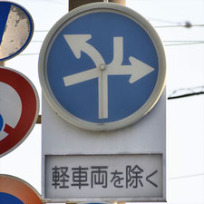 異形矢印標識(指定方向外進行禁止)。静岡県富士市にある。