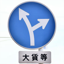 異形矢印標識(指定方向外進行禁止)。福山市にある。