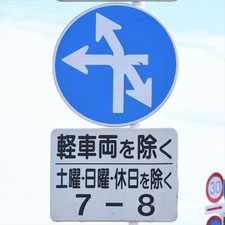 異形矢印標識(指定方向外進行禁止)。静岡県伊豆の国市にある。