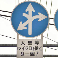異形矢印標識(指定方向外進行禁止)。広島県海田町にある。